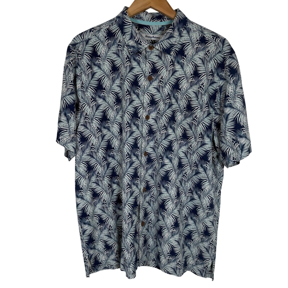 Tommy Bahama Mens 100% Silk Palm Print Hawaiian Short Sleeve Button Up Shirt XL